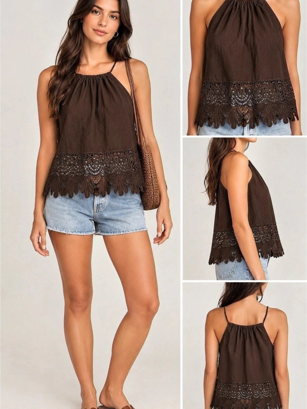 Black Lace Hem Halter Tank Top Like New